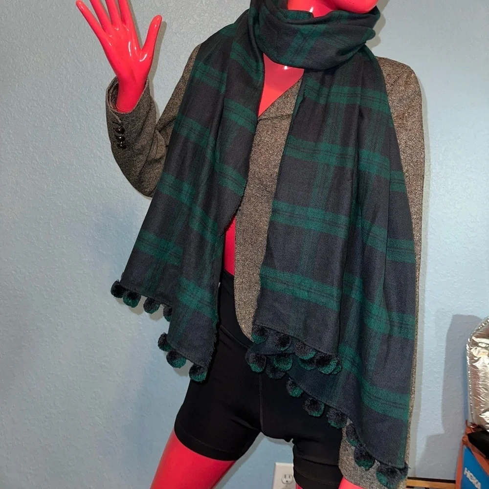J. Crew Plaid Pom Pom Scarf